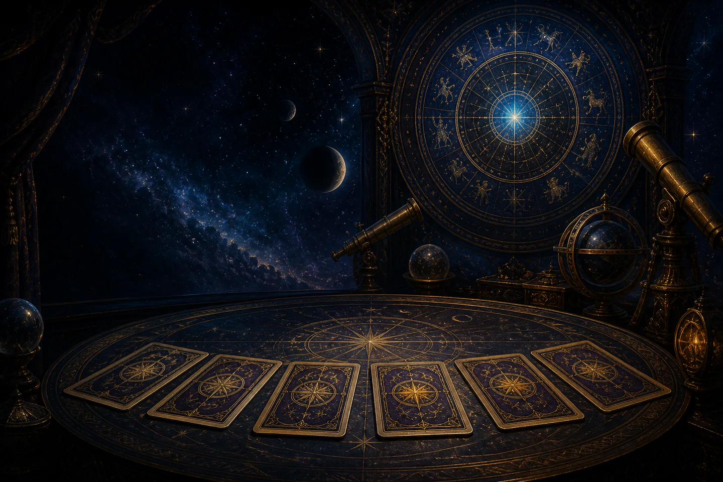 Himmlischer Tisch mit sieben Karten des Astrologischen Tarots