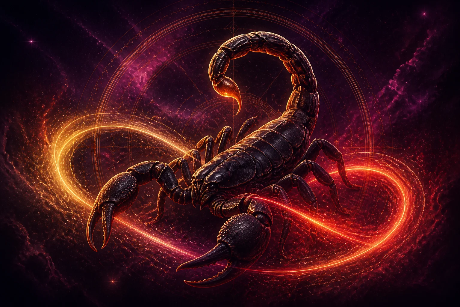 Skorpion in der Liebe, umgeben von goldener und rosafarbener kosmischer Energie
