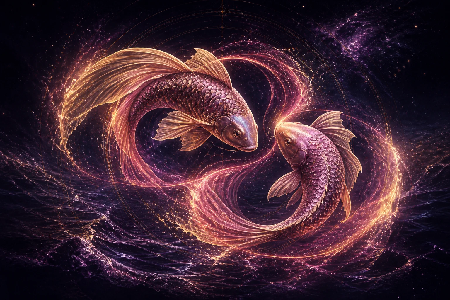 Fische in der Liebe, umgeben von goldener und rosafarbener kosmischer Energie