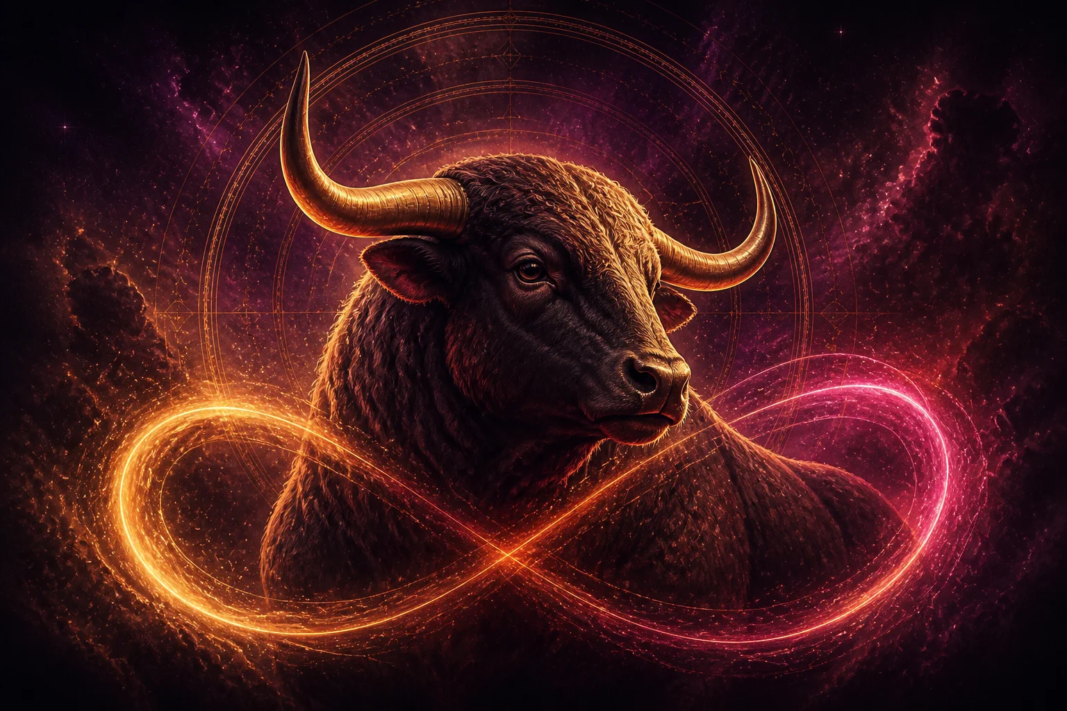 Stier in der Liebe, umgeben von goldener und rosafarbener kosmischer Energie