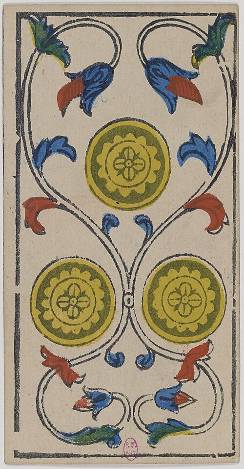 Drei der Münzen · Historisches Marseille-Tarot