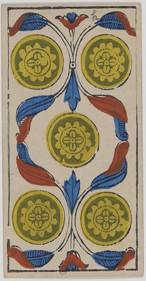 Fünf der Münzen · Historisches Marseille-Tarot