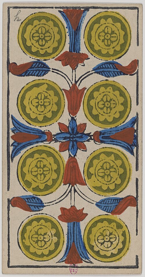 Acht der Münzen · Historisches Marseille-Tarot