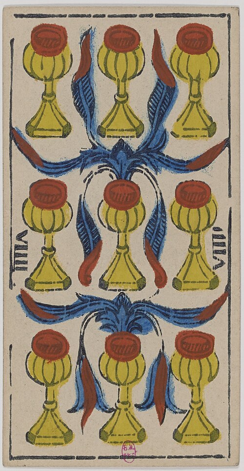 Neun der Kelche · Historisches Marseille-Tarot