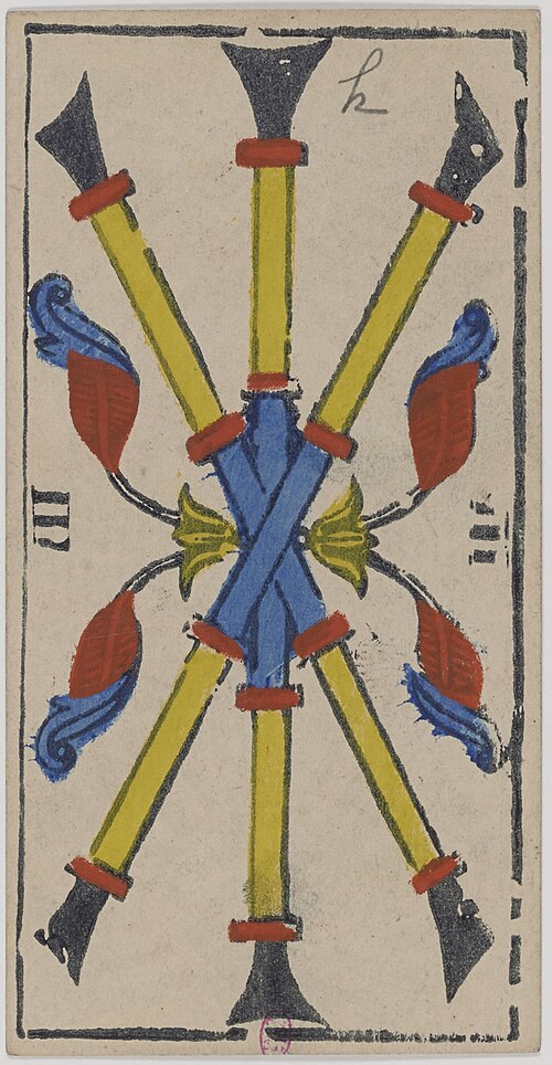 Drei der Stäbe · Historisches Marseille-Tarot